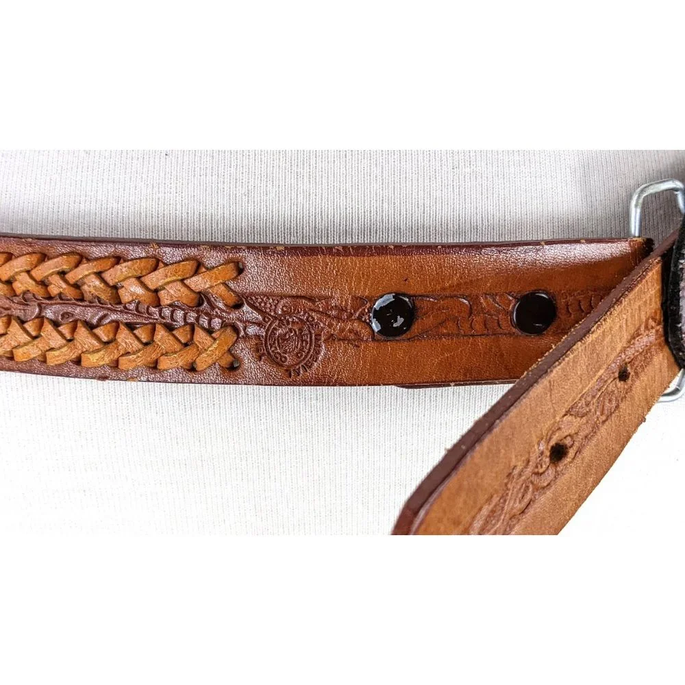 Vintage brown tooled braided leather reptile embossed buckle belt - Picture 4 of 6